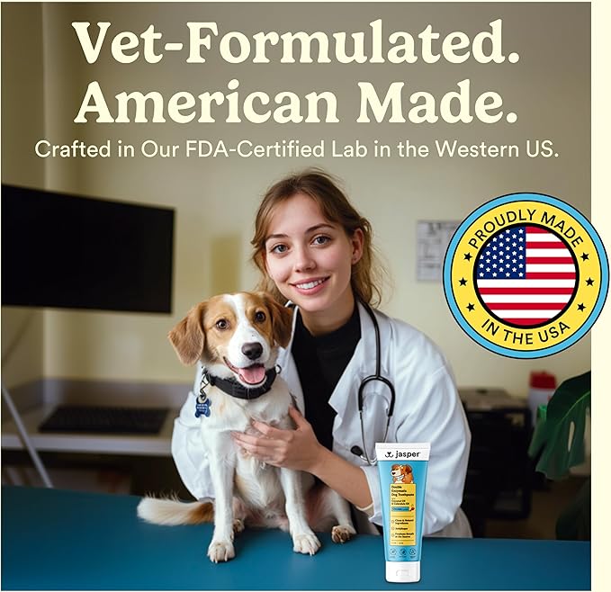 Jasper Dog Tooth Brushing Kit and Dog Toothpaste Kit 360 Dog Toothbrush Enzymatic Plaque Remover Improves Bad Breath Natural Pet Toothpaste Dog Toothbrush and Toothpaste 2 oz Chicken Flavor