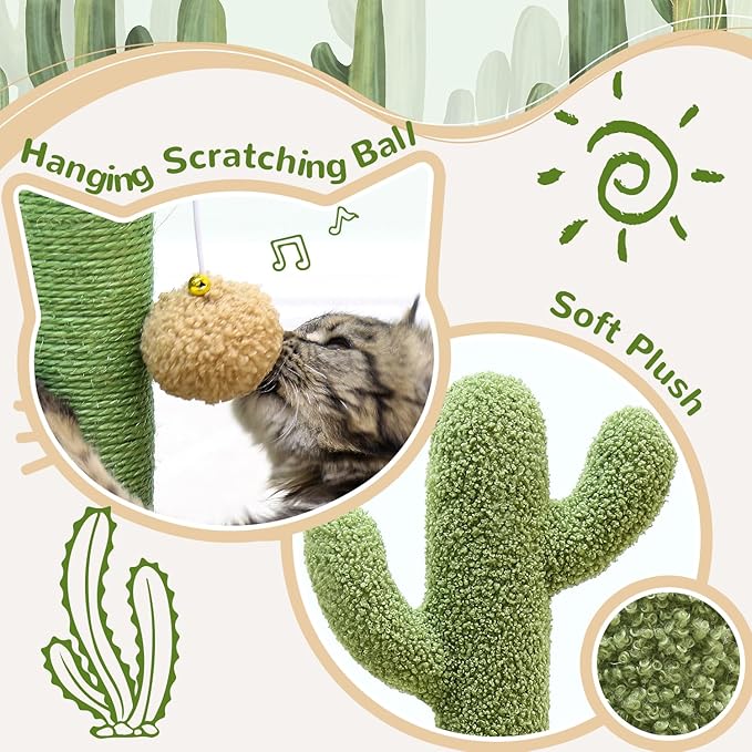 Globlazer Tall Scratching Post for Cats, Cactus Cat Scratching Post Cat Scratcher Cute Sisal Large Cat Scratching Post with Modern Wooden Ball Tracking Interactive Toys, SC30