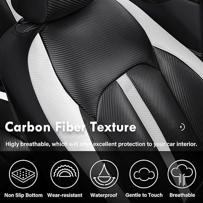 Coverado Leather Car Seat Covers Front Seats & Carbon Fiber, Waterproof and Durable All Weather Protector, Universal Fit for SUV, Pickup Truck, Sedan, Automotive Vehicle Interior, Black&White