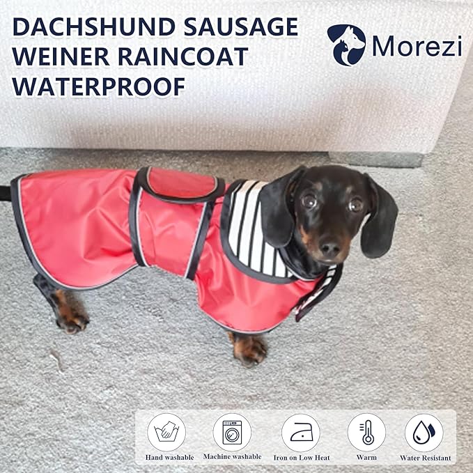 Dachshund Raincoat Corgi Raincoat Dogs Waterproof fit for Dachshunds Weiner Long Back Breeds with Reflective Stripe Great Coverage in Autumn Winter - Red - M