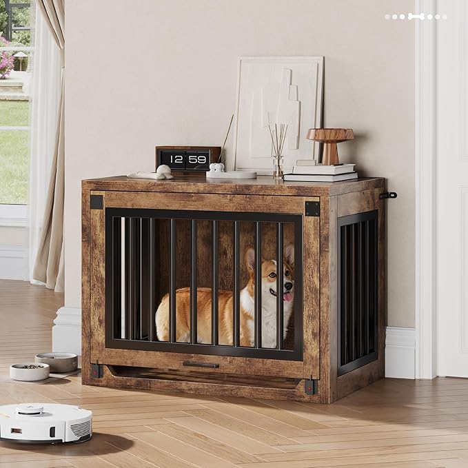 Jocoevol Dog Crate Furniture - 30'' Wooden Dog Kennel for Dogs up to 30 lb, Small Dog Crate with Hidden Sliding Door, Heavy Duty Dog Cage with Safety Latch and Quiet Pads, Rustic Brown