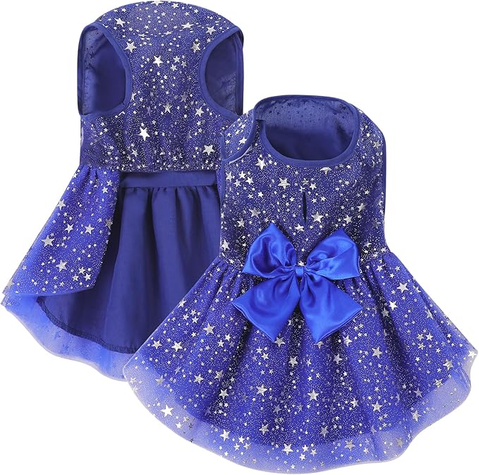 ASENKU Dog Dress Pet Wedding Dress Princess Lace Puppy Birthday Party Outfit Formal Apparel Girl for Small Medium Dogs Cats (X-Small, Navy Star)