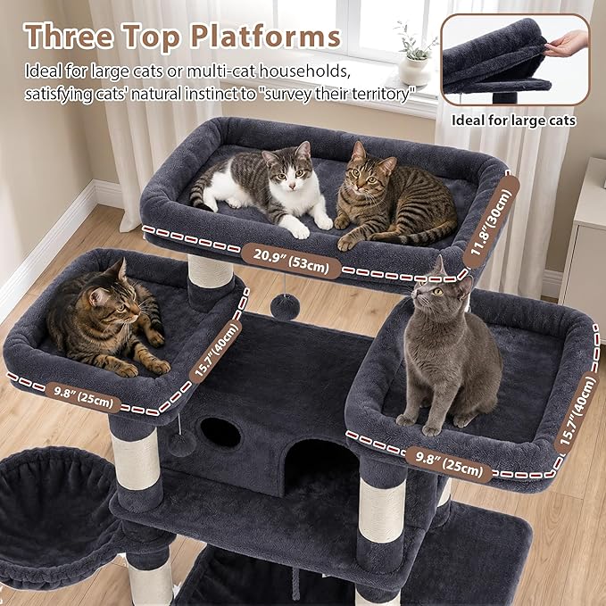 Gitelsnour Cat Tree for Indoor Cats Large Adult, 74" Cat Tower with 3 Big Platforms, 2 Baskets, 2 Condos, Multi-Level Cat Scratching Posts, Smoky Gray GCT030G