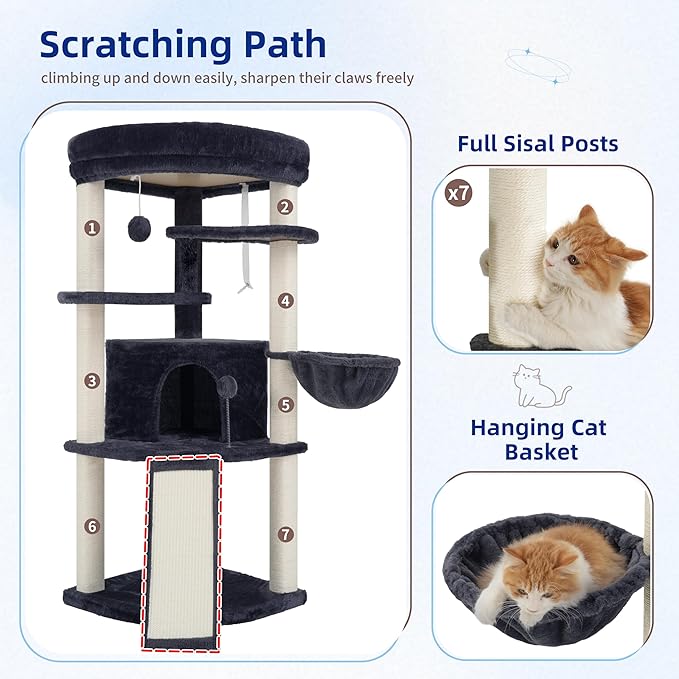 Gitelsnour Corner Cat Tree for Indoor Cats, Cat Tower with All Sisal Scratching Posts, Multi-Level Cat Condo wth Cat Cave, Large Top Perch, Hanging Basket, Sisal Scratching Ramp, Drak Gray GCT025G