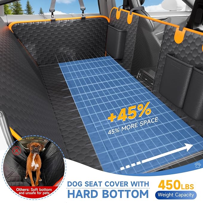 Dog Car Seat Cover for Back Seat Waterproof Oxford Fabric, Hard Bottom Seat Extender, Scratchproof, Anti-Slip, Dog Hammock for Car with Mesh Window, Fit Full Size Truck, Black Orange