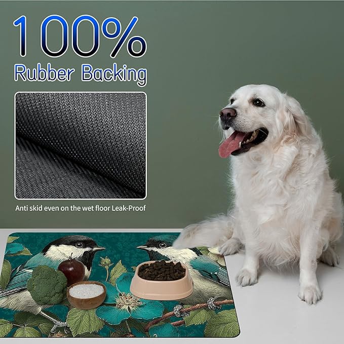 Dog Food Mat, 15.7" x 23.6" Absorbent Pet Feeding Mat for Food and Water, Waterproof Diatom Mud Pet Placemat with Non-Slip Rubber Backing, Cat Bowl Mat for Floors - Green Hummingbird Flower