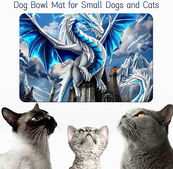Dog Food Mat, 19.6" x 23.6" Absorbent Pet Feeding Mat for Food and Water, Waterproof Diatom Mud Pet Placemat with Non-Slip Rubber Backing, Easy Clean Cat Bowl Mat for Floors - Blue Cool Dragon