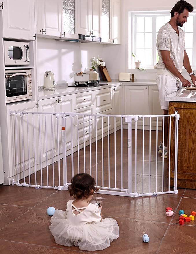 Babelio 72" Extra Wide Baby Gate, 30” Tall Auto Close Dog Fence for Stairs Kitchen Doorways Fireplace, Hardware Mounted Pet Gate Indoor, Foldable 3 Metal Panels, AdaptiZone Series, White