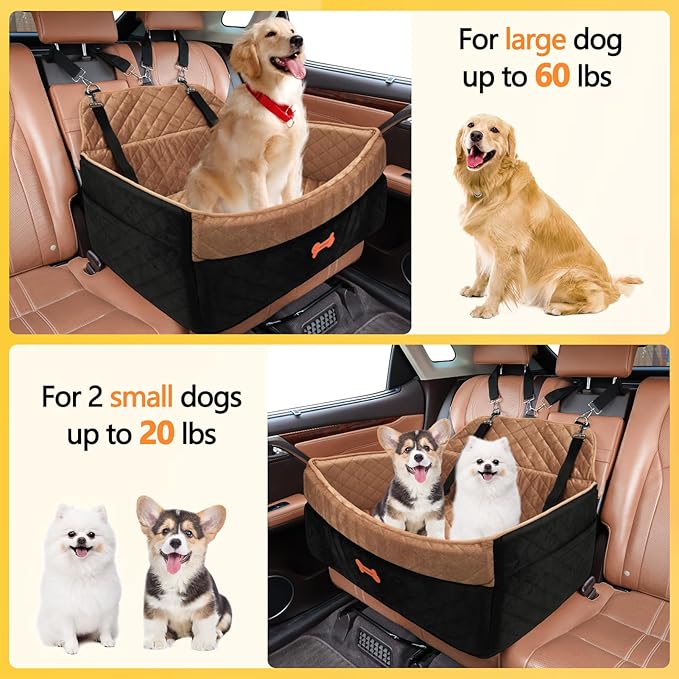 Dog Car Seat for Medium Large Dogs, Detachable Washable Pet Booster Seat with Memory Foam Cushion, Side Pockets, 2 Clip-On Safety Leashes Pet Car Seat for Dog Up to 60 lbs/2 Small Dogs-Brown