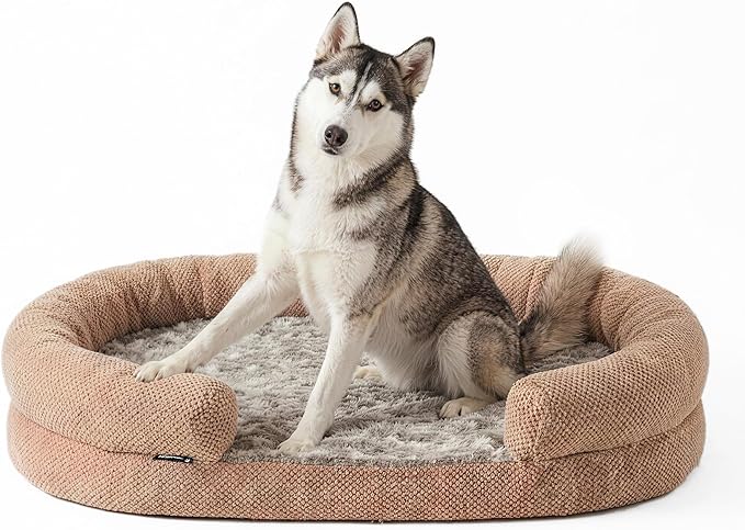 Orthopedic Dog Bed for Large Dogs, 43 Inches Oval Pet Bed with Memory Foam, Removable Washable Cover, Bolstered Sides, Thick Supportive Cozy Puppy Bed for Sleeping, Camel