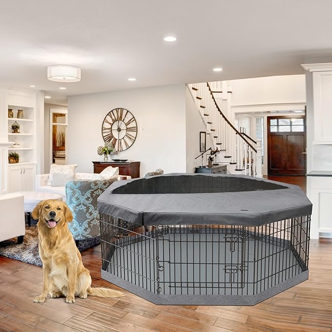 PETIME Foldable Metal Dog Exercise Pen/Pet Puppy Playpen Kennels Yard Fence Indoor/Outdoor 8 Panel 24" W x 30" H with Top Cover and Bottom Pad (Playpen+Bottom+Top Cover, 8 Panels 30" H)