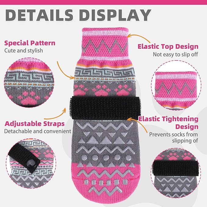 KOOLTAIL Dog Socks to Prevent Licking Paws for Hardwood Floors Anti Slip, Winter Warm Pet Boots&Paw Protector with Grippers, Double Sides Dog Shoes Booties for Small Medium Large Senior Dogs Pink XL