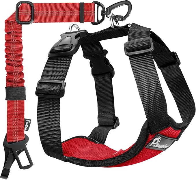 Pawaboo Dog Seat Belt Harness for Car, Dog Car Harness Seatbelt with Double Clips, Adjustable Breathable Pet Vest & Dogs Safety Tether with Elastic Bungee for Small Medium Large Pet, M, Red+Black