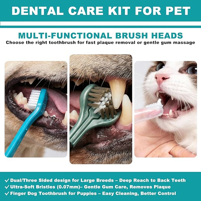 Dog Toothbrush Kit, 360-Degree Finger Three-Sided Design, Replaceable Brush Heads, Easy Teeth Cleaning and Dental Care (7 Pack)