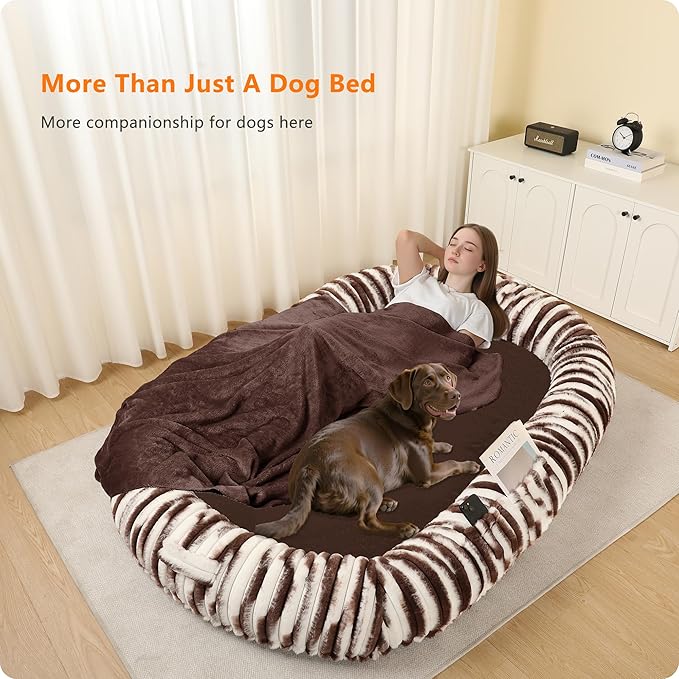 Human Dog Bed for Adult, Reversible Orthopedic Gel Memory Foam Cushion, Washable Corduroy Fleece, Plump Edge with Blanket, Storage Pocket, Strap, 71"x47.2"x9", Extra Large, Tie-dye Brown