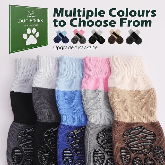 EXPAWLORER Anti Slip Dog Socks to Prevent Licking Paws, Dog Shoes for Hot Pavement, Dog Booties for Hardwood Floors, Dog Boots & Paw Protectors with Grippers for Small Medium Large Senior Dogs Khaki L