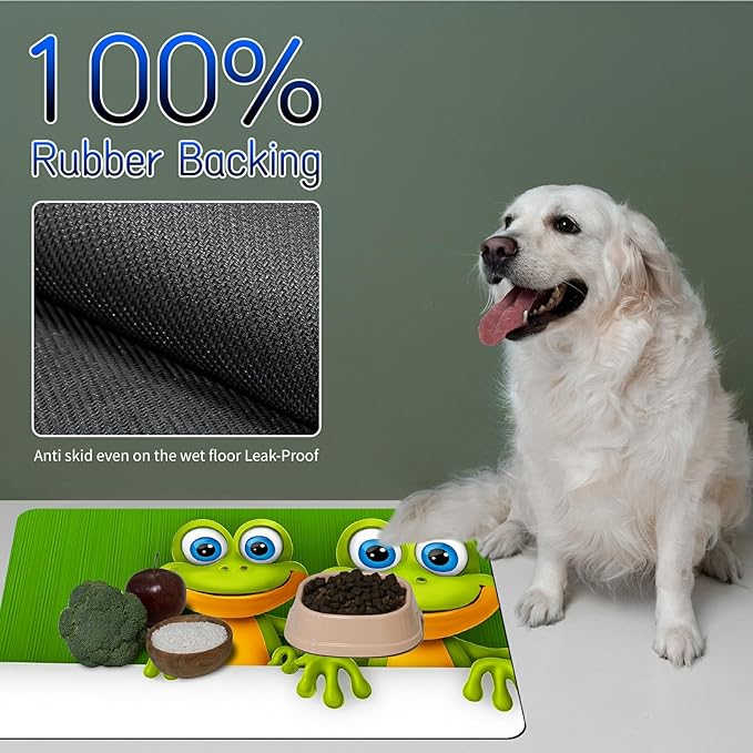Dog Food Mat, 15.7" x 23.6" Absorbent Pet Feeding Mat for Food and Water, Waterproof Diatom Mud Pet Placemat with Non-Slip Rubber Backing, Easy Clean Cat Bowl Mat for Floors - Green Frog