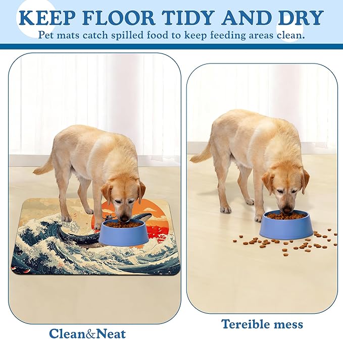 Wave Cat Dog Food Mat,Ukiyo-e Whale Absorbent Quick Dry Feeding Placemat for Food and Water Bowls, Non Slip Rubber Backing, Waterproof Pet Supplies for Mess-Free Eating 12"x20"