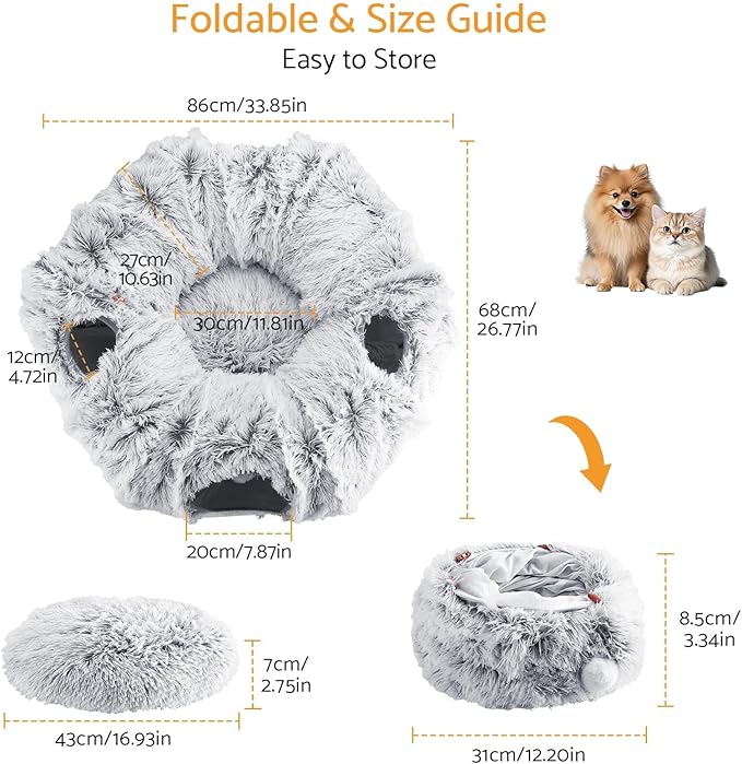Cat Tunnel Cat Bed for Indoor Cats,Christmas Tree cat Tunnel 3-in-1 Foldable Plush Donut Tunnel with Washable Cushion, Peekaboo Cat Cave with Ears for Kittens, Puppy, Rabbit (Gray)