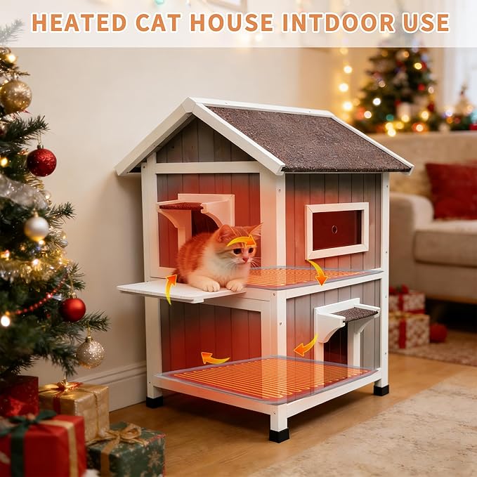 Rockever 100% Waterproof & Insulated Heated Cat House for Outdoor Cats, 2 Story Heated Cat House for Outside with Heating Pad, Elevated Outdoor Cat House, Feral Cat Shelter with Escape Door