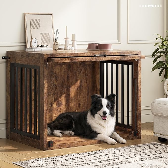 Jocoevol Dog Crate Furniture - 35'' Wooden Dog Kennel for Dogs up to 50 lb, Medium Dog Crate with Hidden Sliding Door, Heavy Duty Dog Cage with Safety Latch and Quiet Pads, Rustic Brown