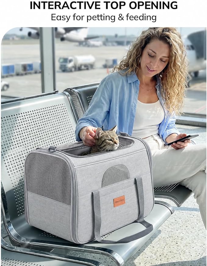 Morpilot Airline Approved Cat Carrier, 16.5" x11" x11" Soft-Sided Pet Travel Carrie with 4-Sided Mesh Ventilation for Cats & Puppies up to 15lbs (Light Gray)