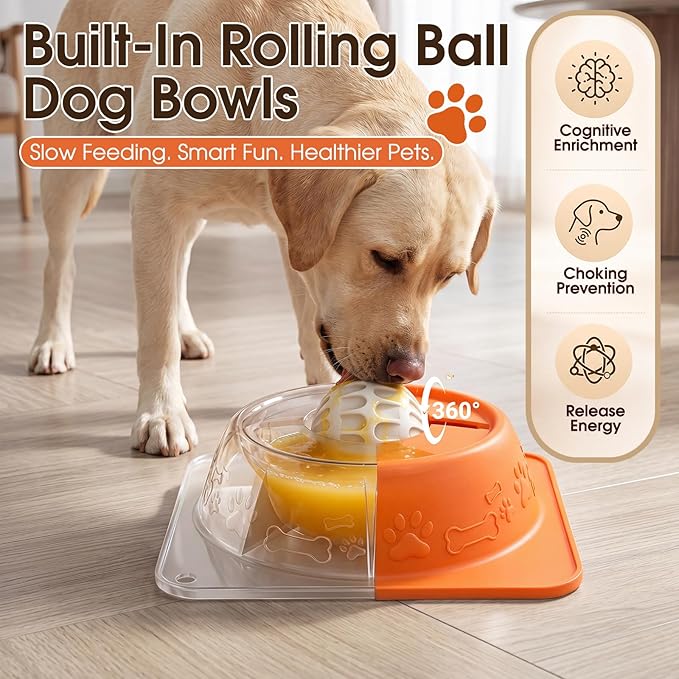 Slow Feeder Dog Bowls, Anti-Slip Dog Lick Bowl with Interactive Rolling Ball, Anxiety Relief Liquid Treat Feeder, Bone Broth Yogurt Licking Toy for Small Medium Large Dogs and Cats(Orange)
