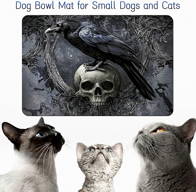 Dog Food Mat, 15.7" x 23.6" Absorbent Pet Feeding Mat for Food and Water, Waterproof Diatom Mud Pet Placemat with Non-Slip Rubber Backing, Easy Clean Cat Bowl Mat for Floors - Gray Eagle Skull