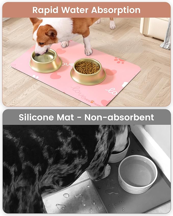 PEISAINOX Cat Dog Food Mat, Rapid Water Absorption Dog Mat for Food and Water,100% Waterproof Cat Dog Bowl Mat, 16"x27"-Pink