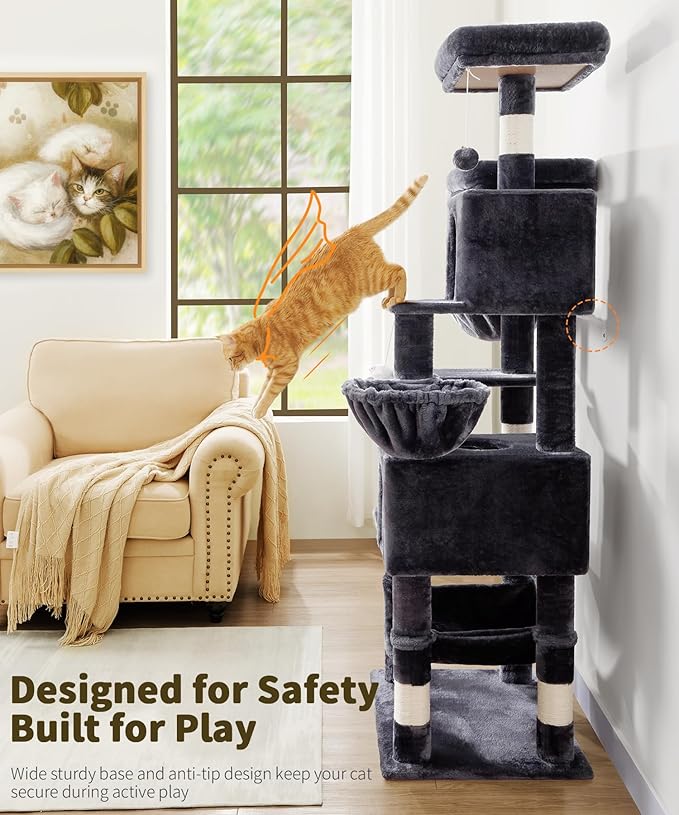 AMHANCIBLE 70 Inch Cat Tree for Large Cats, Multi-Level Cat Tower Condo with 2 Houses & Hammock for Indoor Cats, Tall Heavy Duty Kitty Playhouse, Dark Grey, PT18DG