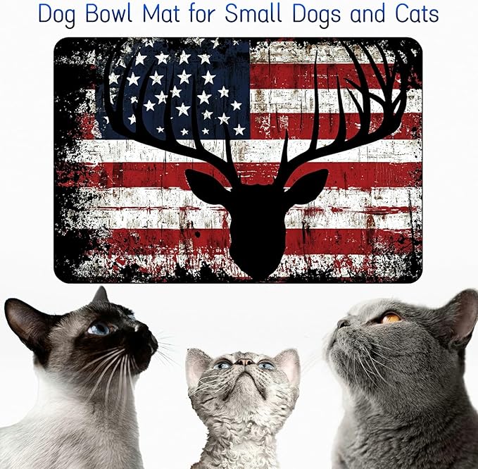 Dog Food Mat, 19.6" x 23.6" Absorbent Pet Feeding Mat for Food and Water, Waterproof Diatom Mud Pet Placemat with Non-Slip Rubber Backing, Easy Clean Cat Bowl Mat for Floors - Deer Flag