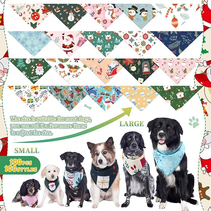 Huhumy 100 Pcs Christmas Dog Bandanas Bulk Pet Bibs Colorful Triangle Scarf Xmas Pet Bandanas for Medium Large Dogs Christmas Party Xmas Costume Decor
