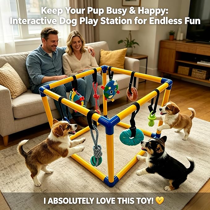 Puppy Play Gym for Small Dogs - 8 Interactive Teething Dog Toys, Durable PVC Frame, Indoor Chew & Activity Center, Relieves Boredom & Anxiety, Safe & Easy to Assemble for Puppies