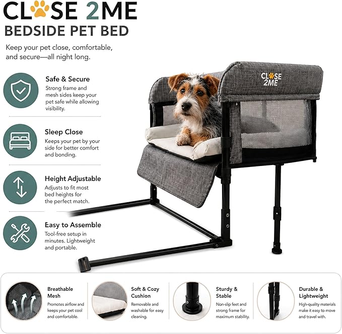 Englacha Close2Me Elevated Pet Bed - Bedside Mattress for Cats and Small Dogs - Comfortable, Cozy Design with Tool-Free Installation - Foldable for Easy Transport, Carry Bag Included