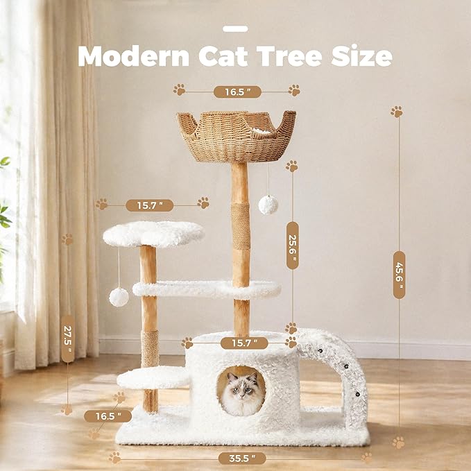 Easyego Modern Cat Tree, 45.6" Aesthetic Wood Cat Tree Tower for Large Cats, Luxury Cat Condo with Scratching Posts and Flower Platforms, Cat Furniture, White