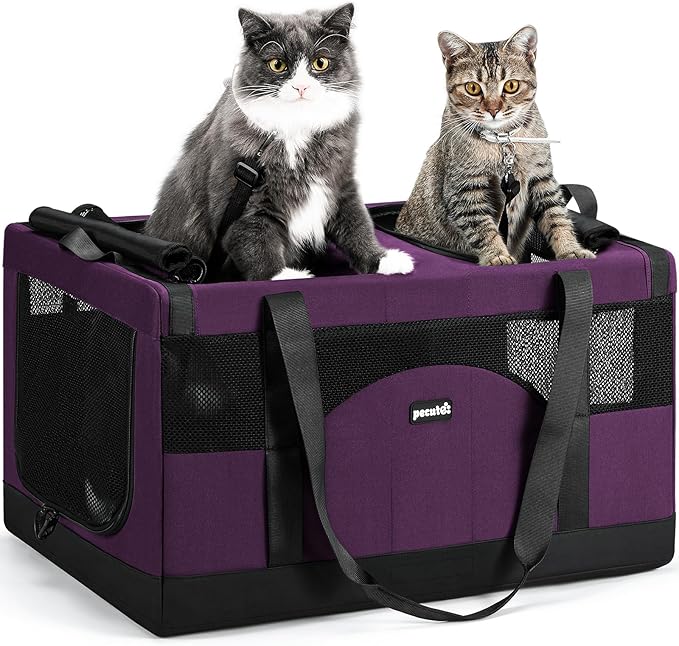 Pecute Dual Compartment Pet Carrier for Multi-Cat Families & Small Dog Owners, Collapsible Dog Crate with Reinforced Steel Frame, Car Safety Design for Travel, Vet Visits & Home Use, Purple