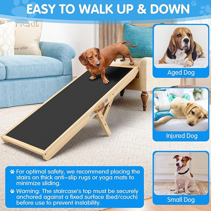 Dog Ramp for Couch with Non-Slip Silicone Mat, 39" Wooden Pet Ramps for Small Dogs, Hold up to 100lb, Adjustable Height from 11.41" to 20.47", Portable Stable Pet Step for Sofa Stairs
