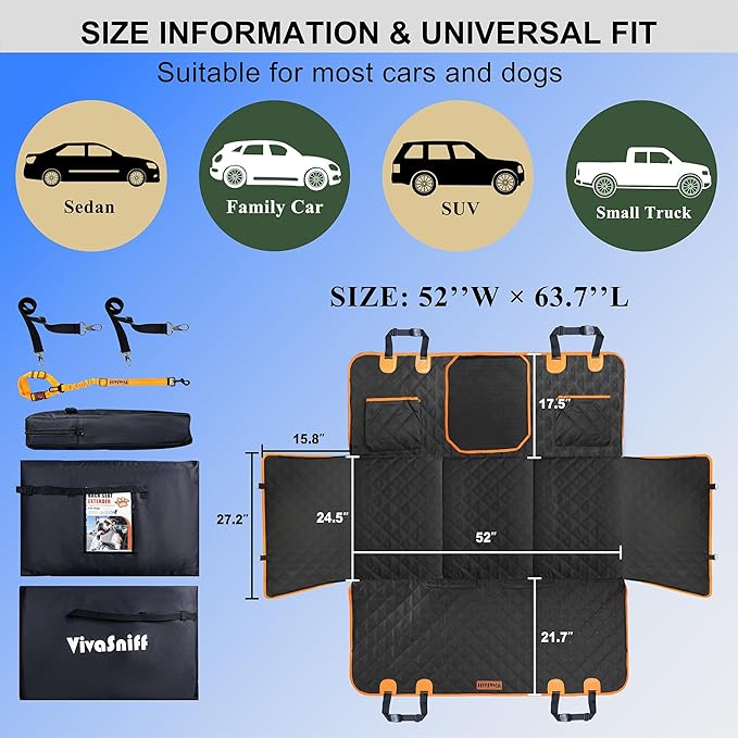 Hard Bottom Back Seat Extender for Dogs, Waterproof Dog Car Seat Cover with Joint-friendly Sponge Pad, 600 lbs Support Dog Hammock with Mesh Window, Universal Fits Sedan, SUV(Black & Orange)