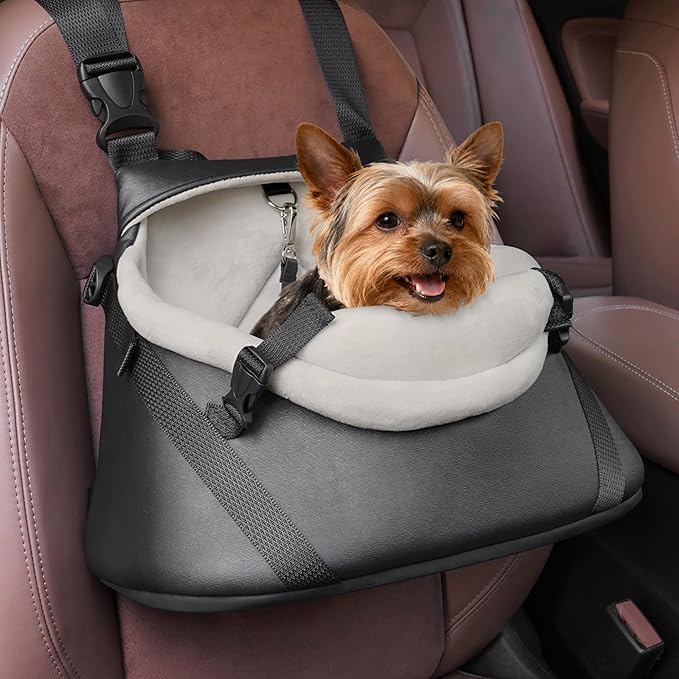 WOYYHO Luxurious Dog Booster Car Seat Designed for Tiny Dogs up to 7 lbs, Vegan Leather Pet Dog Car Seat with Safety Belt & Soft Flannel Liner for Teacup Yorkie, Chihuahua, Maltese, Small Dogs Cats