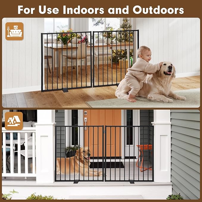 52" Extra Wide Dog Gate Indoor, Heavy Duty Metal Freestanding Dog Gate-Auto Close, Foldable Pet Fence – Anti-Topple Stability Feet for Stairs, Doorways,House,Porch,Deck,Yard(2 Panels,Black)