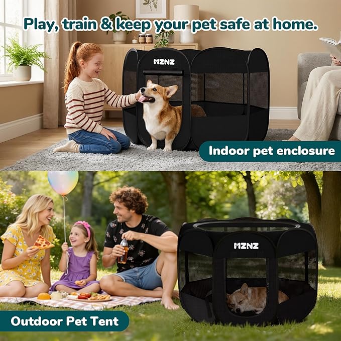 Dog Cat Playpen, Portable Puppy Pet Crate Indoors for Small/Medium Dogs Cats Rabbits, Foldable Dog Cage Enclosure for Outdoor, Pop Up Dogs Tent Kennel with Carrying Case, Whole Black