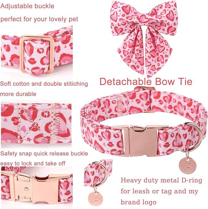 Valentine’s Day Dog Collar with Bow Tie, Pink Heart Bowtie Collar with Metal Buckle, Valentine’s Day Gift Pet Collar for Puppy Girl Boy Dog or Cat, Wedding Dog Collar, XS, Neck 8-12in
