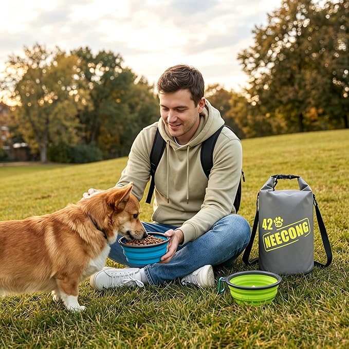 Dog Food Travel Bag With Collapsible Travel Bowls, 42 Cup Dog Food Storage System for Camping, Everyday-10L Food Dry Bag