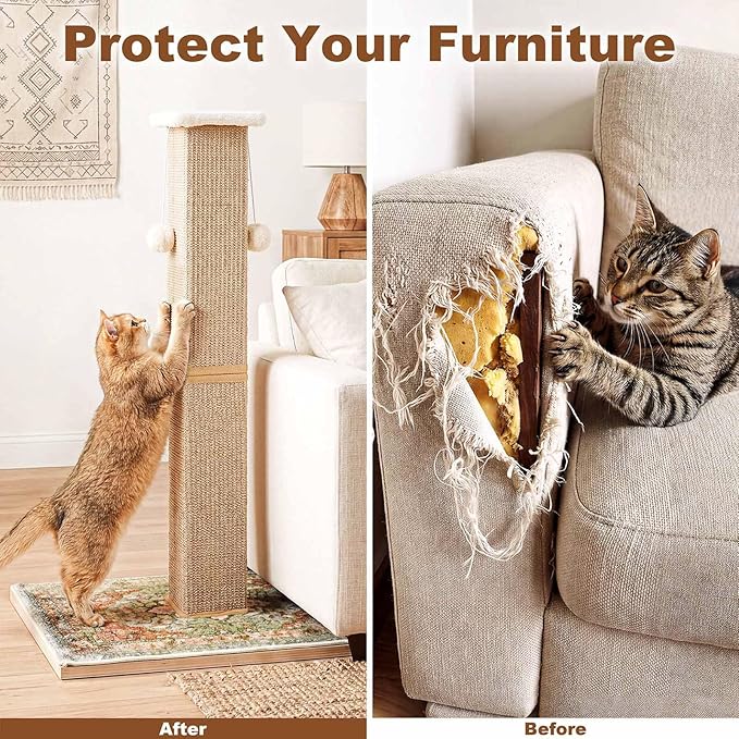 Tall Cat Scratching Post for Indoor Cats Adults, 33'' Large Cat Scratch Post with Perch, Cute Cat Scratching Post with Boho Carpet ＆ Dangling Ball Toys, Green