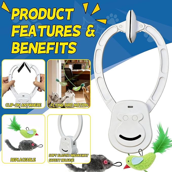 Interactive Cat Toy for Indoor Cats, 2-Mode Automatic Door Hanging Cat Toy with Flying Bird & Mouse, USB Rechargeable Quiet Electric Cat Toy for Bored Cats, Kittens & Multi-Cat Homes