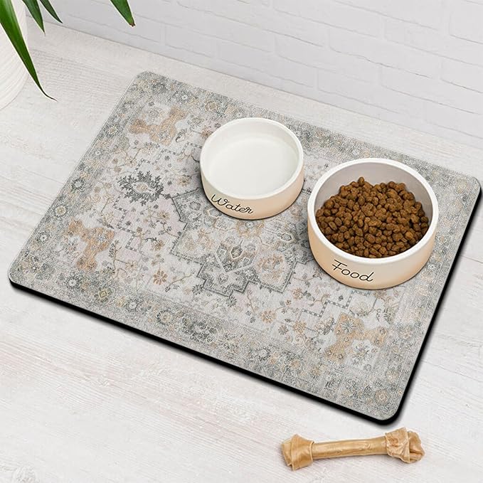 Vintage Tribal Dog Food & Water Mat, Boho Pet Feeding Mat for Floor Non-Slip Waterproof, Super Absorbent Cat Bowl Mat, Easy to Clean Durable Pet Placemat,12" × 20"