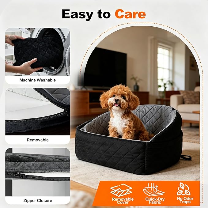 Dog Car Seat for Small Medium Dogs, Dog Booster Seat Travel Bed for Small Dogs up to 30 lbs, for Front/Back Seats – Washable Pet Car Seat with 2 Pockets (Black/Gray)