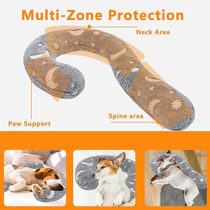 Pet Calming Pillow for Dogs, Soft U-Shaped Pillow Glow in the Dark, Joint Relief, Sleep Comfortably,Suit for Small, Medium, Large Dogs, Fluffy Pet Neck Pillow (L-Gray)