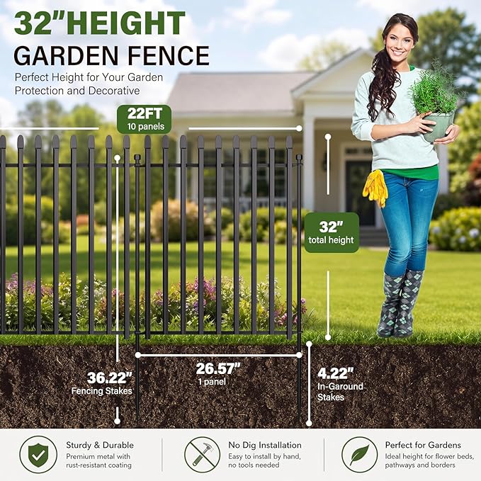 10 Panels No Dig Decorative Garden Fence, 32in(H)×22ft(L) Heavy-Duty Rustproof Metal Panels, Outdoor Dog Barrier for Yard & Patio, Landscape, Border| Portable Temporary Fencing