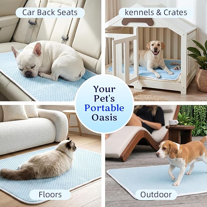 Mora Pets Dog Cooling Mat Instant Self Cooling Pad for Dogs & Cats Breathable Washable Summer Pet Cool Mat Indoor Outdoor, Puppy Cold Blanket for Floor Crate Car Travel Use Medium 36'' x 27'' Blue